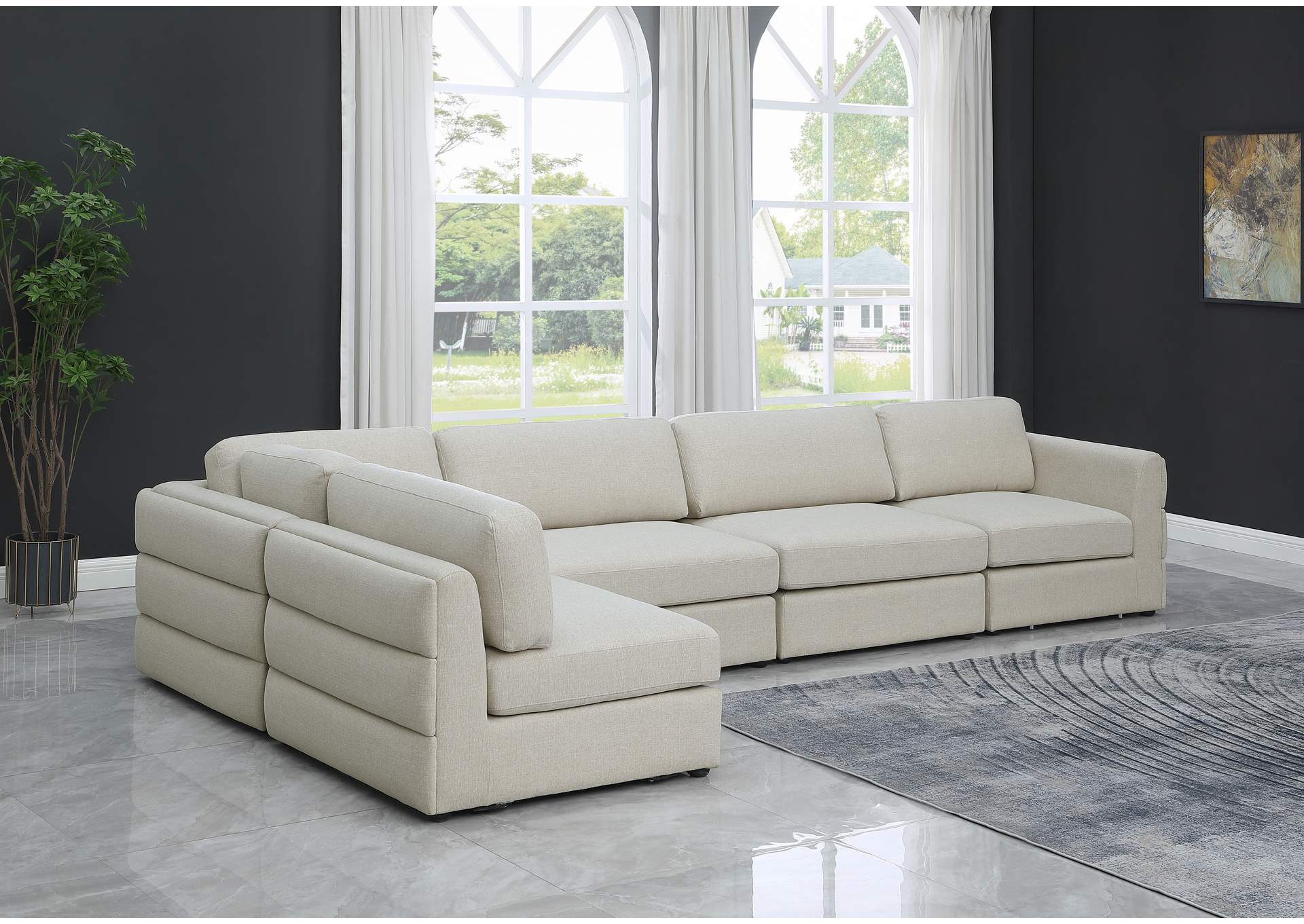 Beckham Beige Durable Linen Textured Fabric Modular Sectional,Meridian Furniture