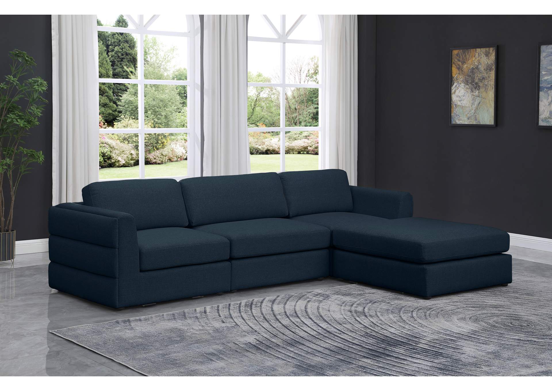 Beckham Navy Durable Linen Textured Fabric Modular Sectional,Meridian Furniture