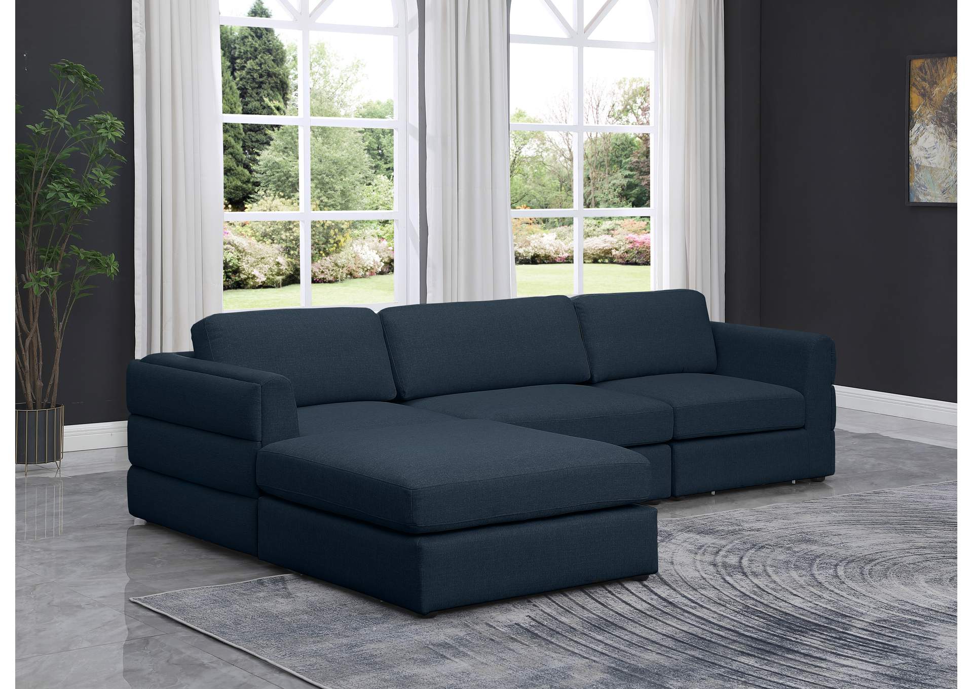 Beckham Navy Durable Linen Textured Fabric Modular Sectional,Meridian Furniture