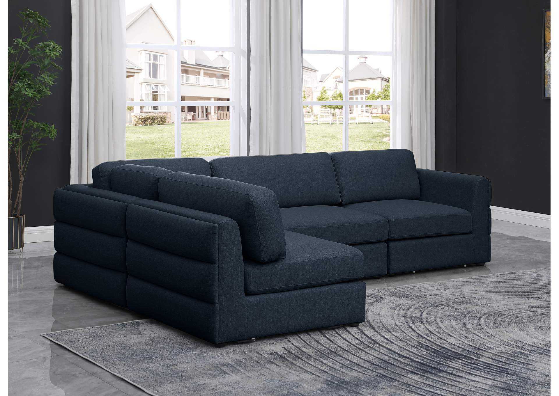 Beckham Navy Durable Linen Textured Fabric Modular Sectional,Meridian Furniture