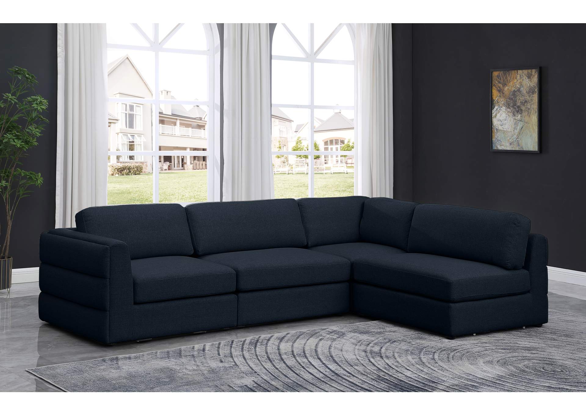 Beckham Navy Durable Linen Textured Fabric Modular Sectional,Meridian Furniture