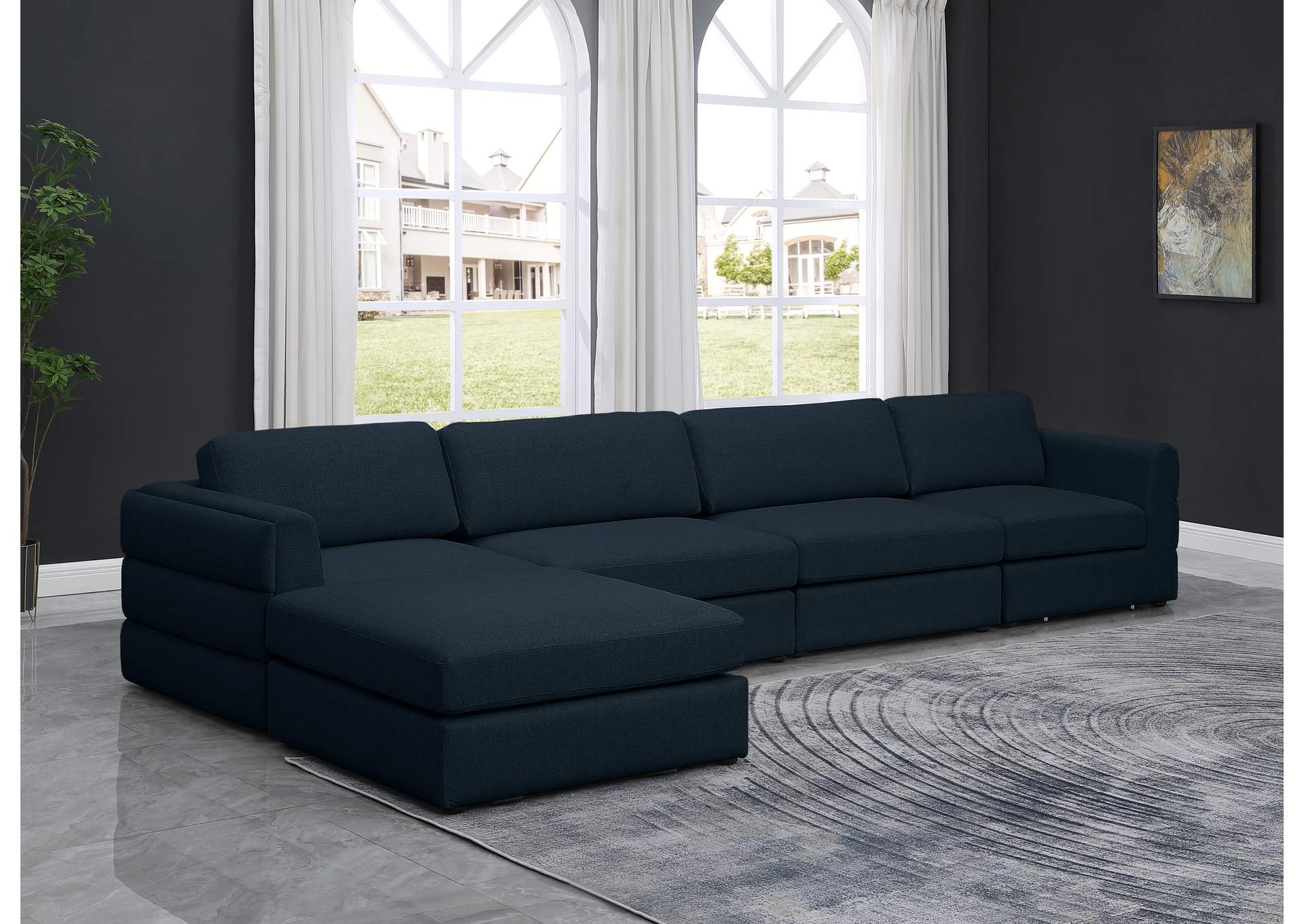 Beckham Navy Durable Linen Textured Fabric Modular Sectional,Meridian Furniture