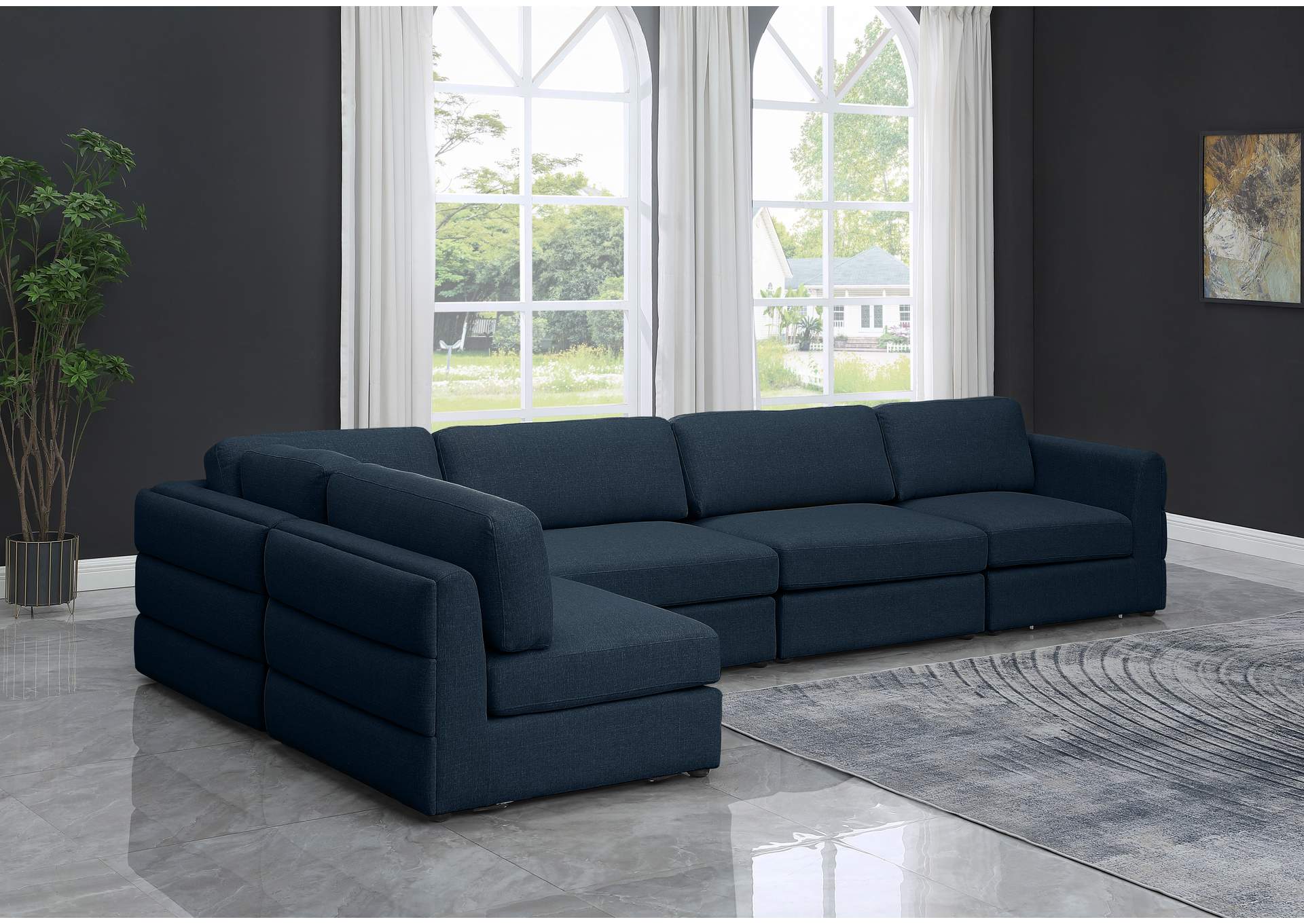 Beckham Navy Durable Linen Textured Fabric Modular Sectional,Meridian Furniture