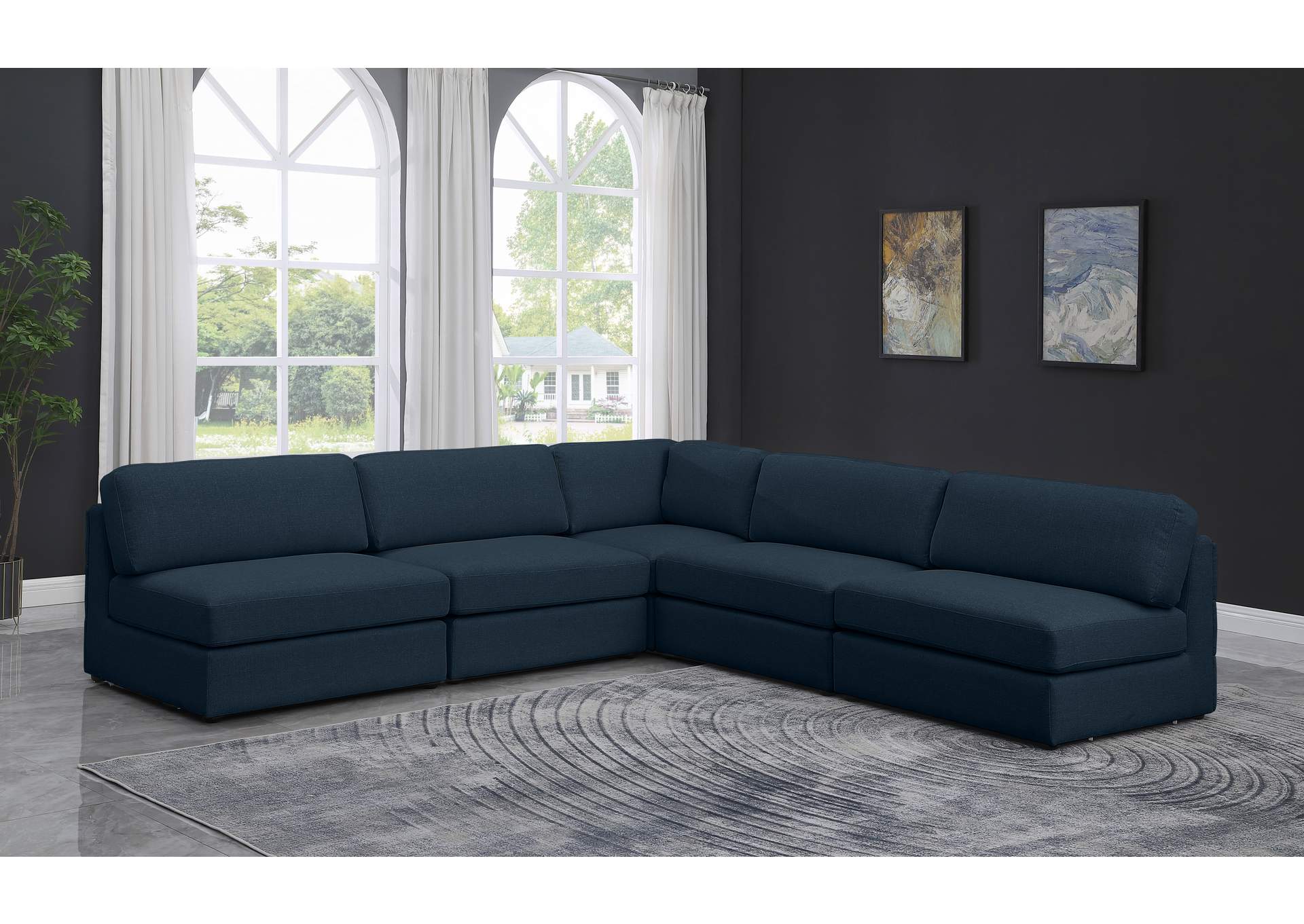 Beckham Navy Durable Linen Textured Fabric Modular Sectional,Meridian Furniture