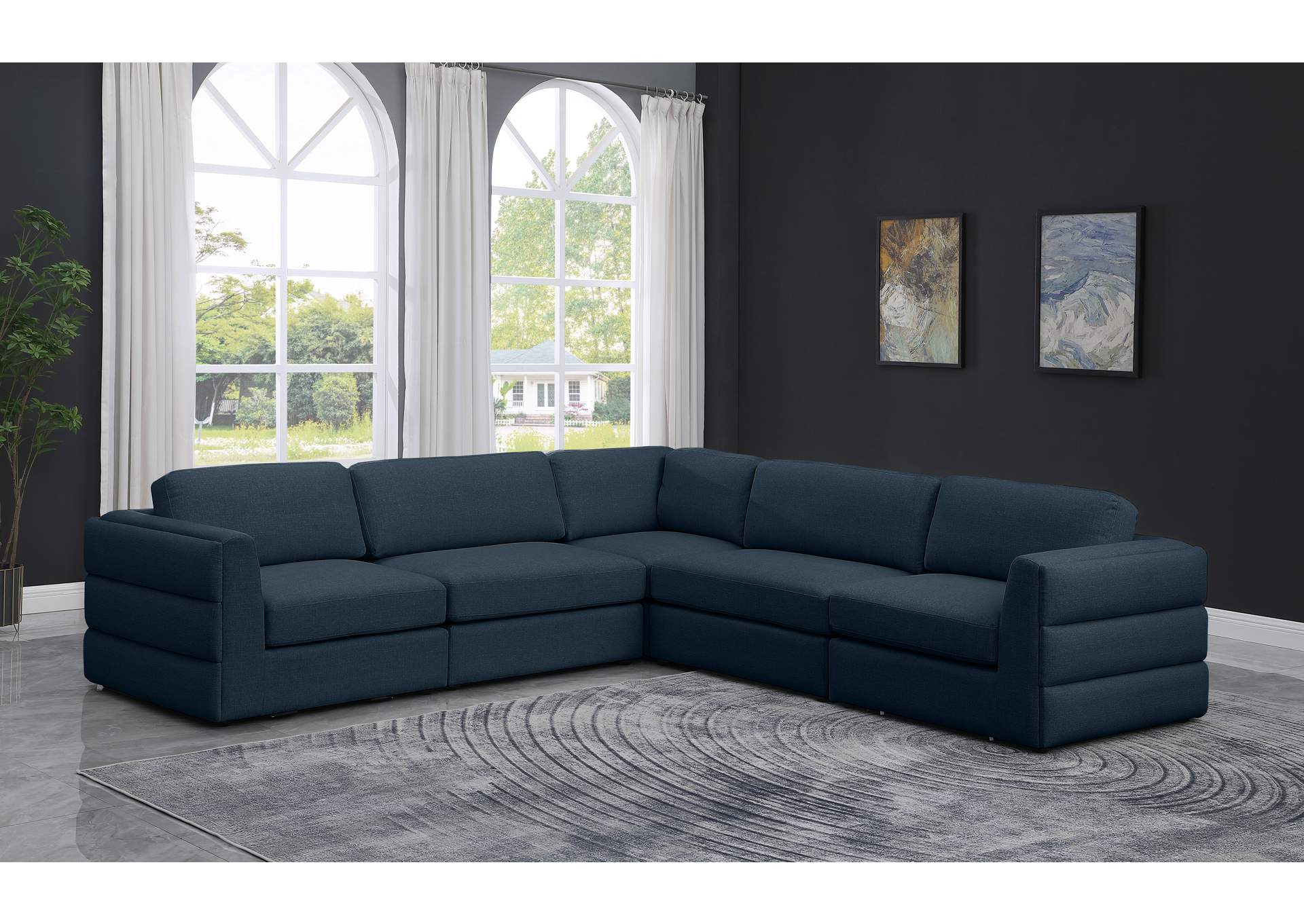 Beckham Navy Durable Linen Textured Fabric Modular Sectional,Meridian Furniture