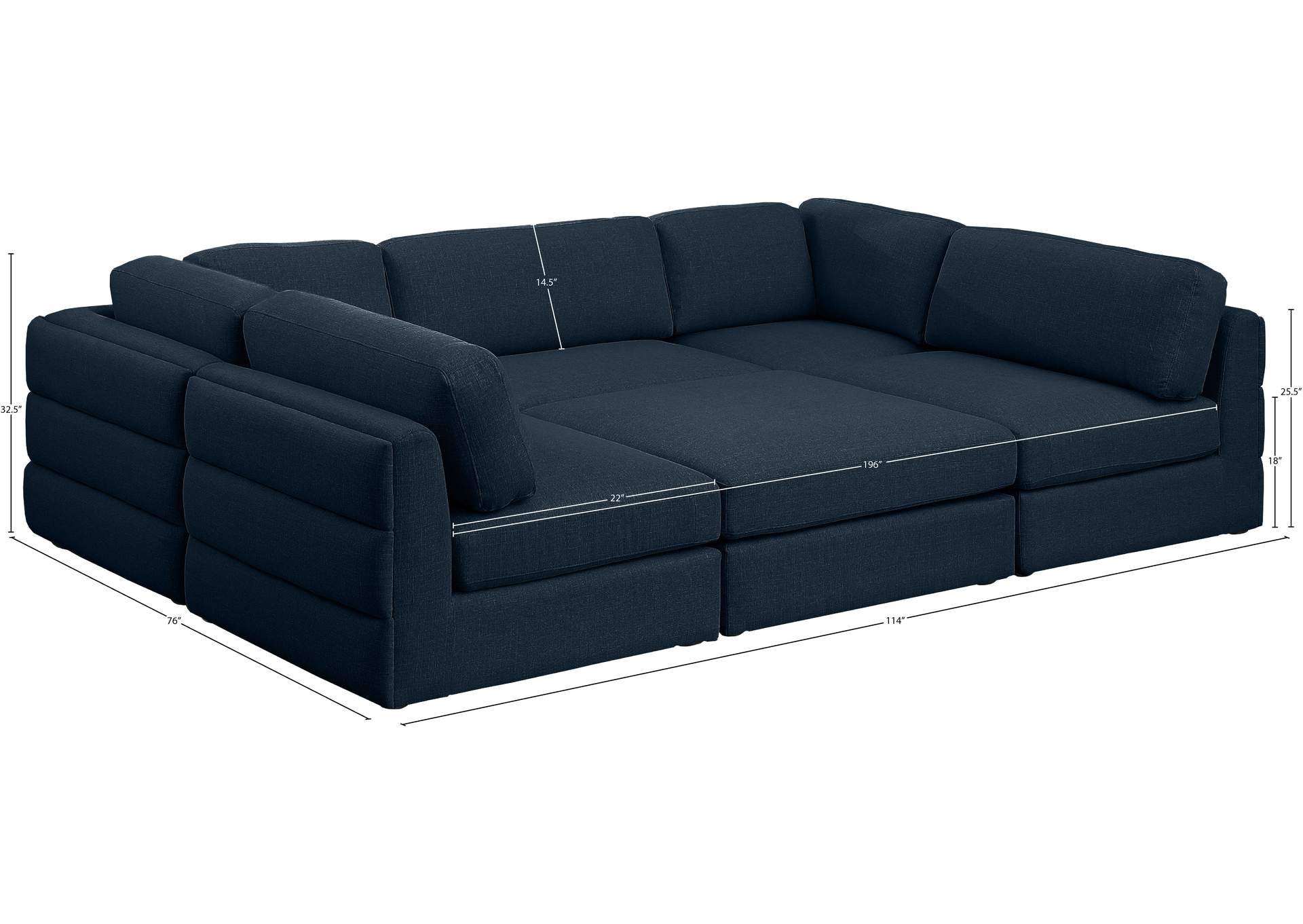 Beckham Navy Durable Linen Textured Fabric Modular Sectional,Meridian Furniture