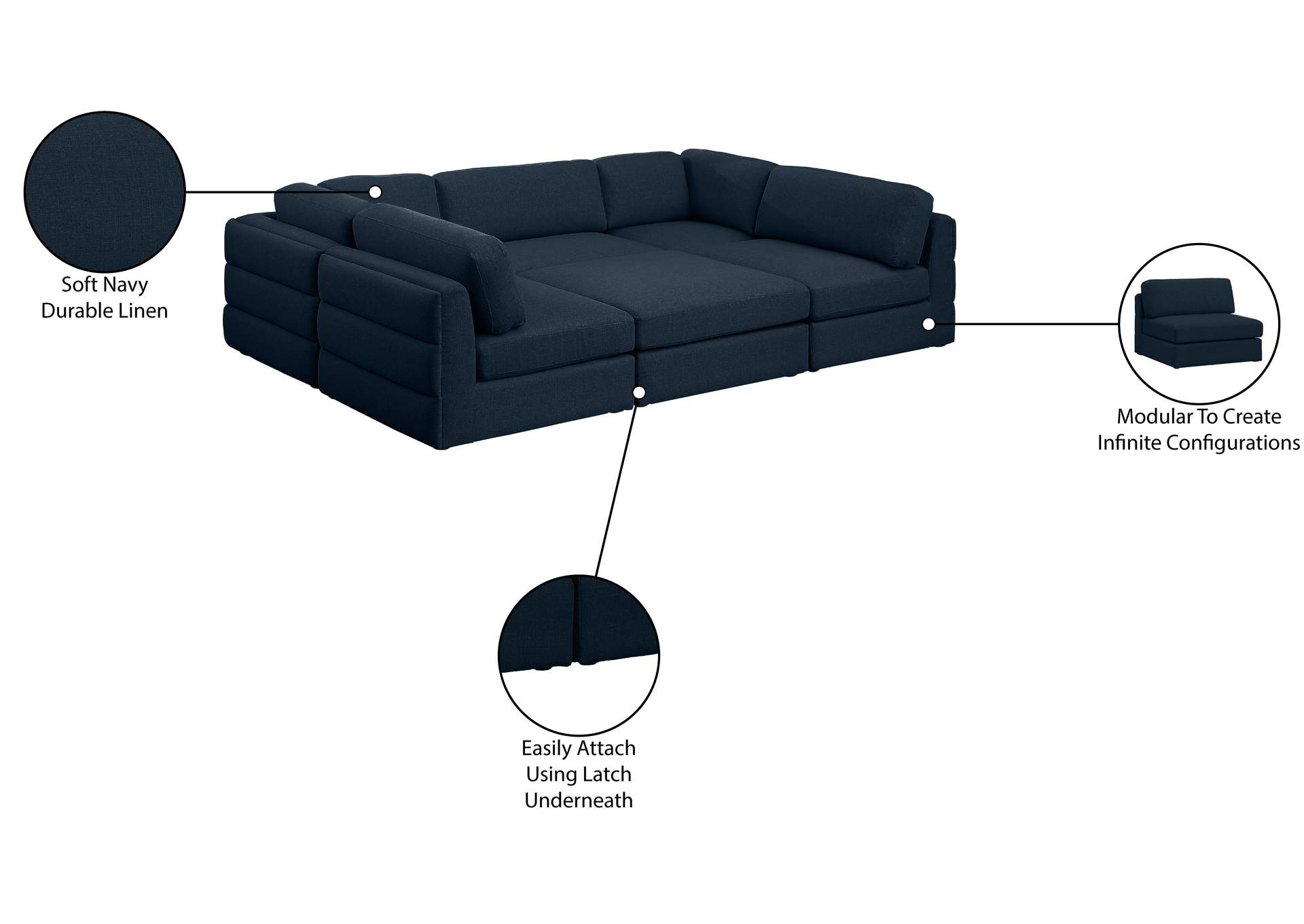 Beckham Navy Durable Linen Textured Fabric Modular Sectional,Meridian Furniture