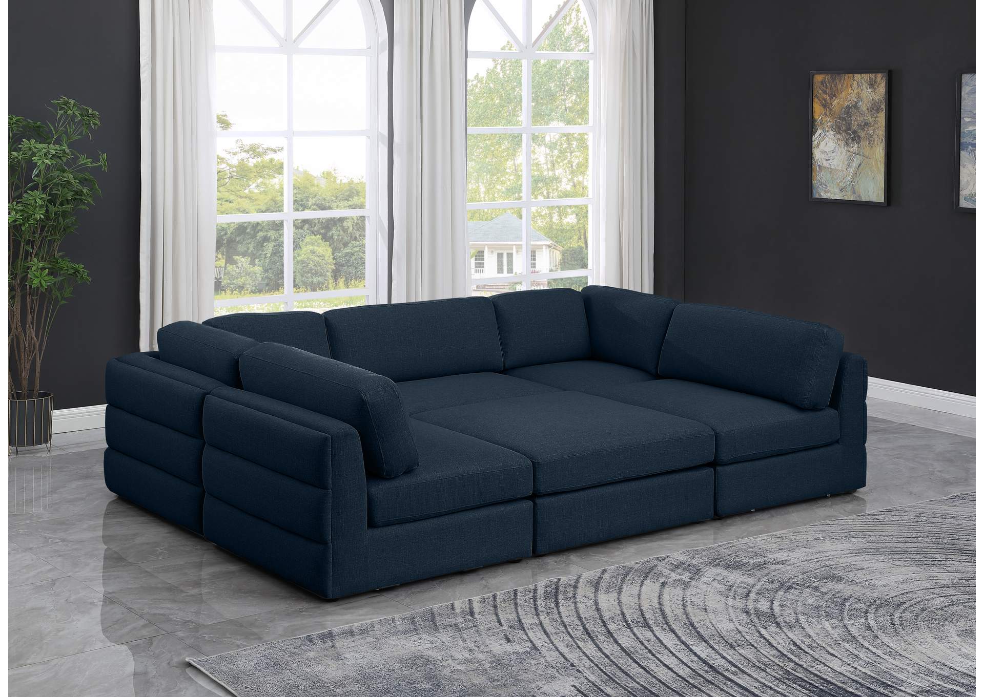 Beckham Navy Durable Linen Textured Fabric Modular Sectional,Meridian Furniture