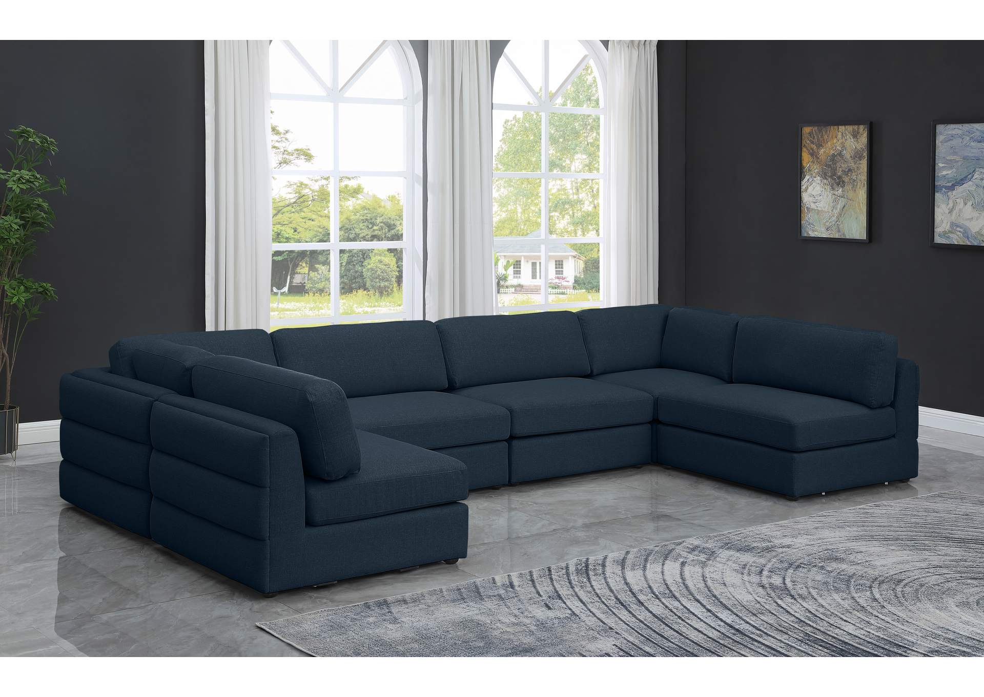 Beckham Navy Durable Linen Textured Fabric Modular Sectional,Meridian Furniture