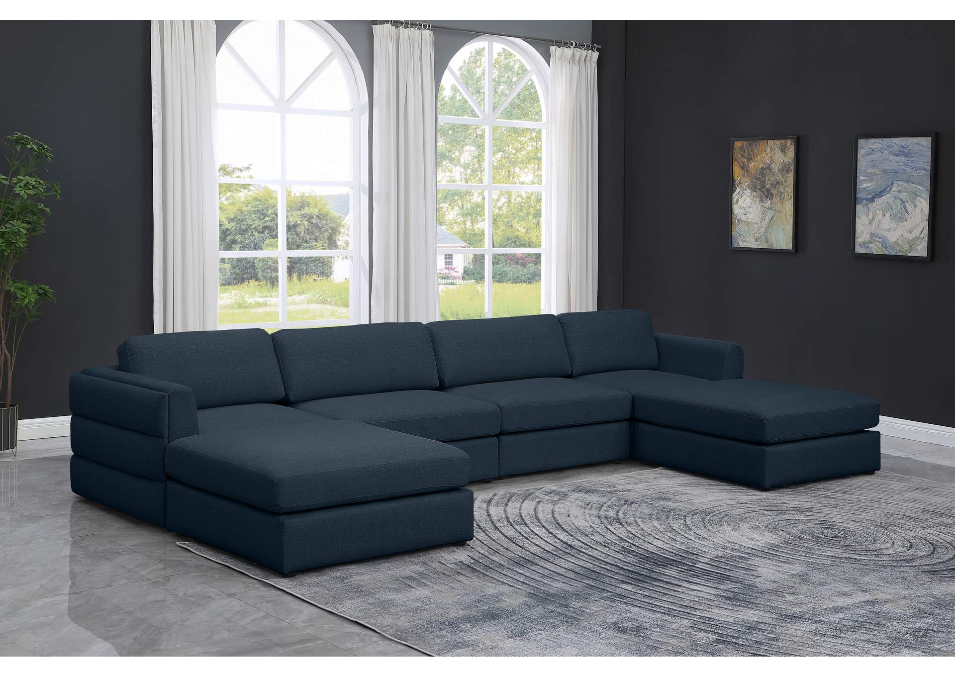 Beckham Navy Durable Linen Textured Fabric Modular Sectional,Meridian Furniture