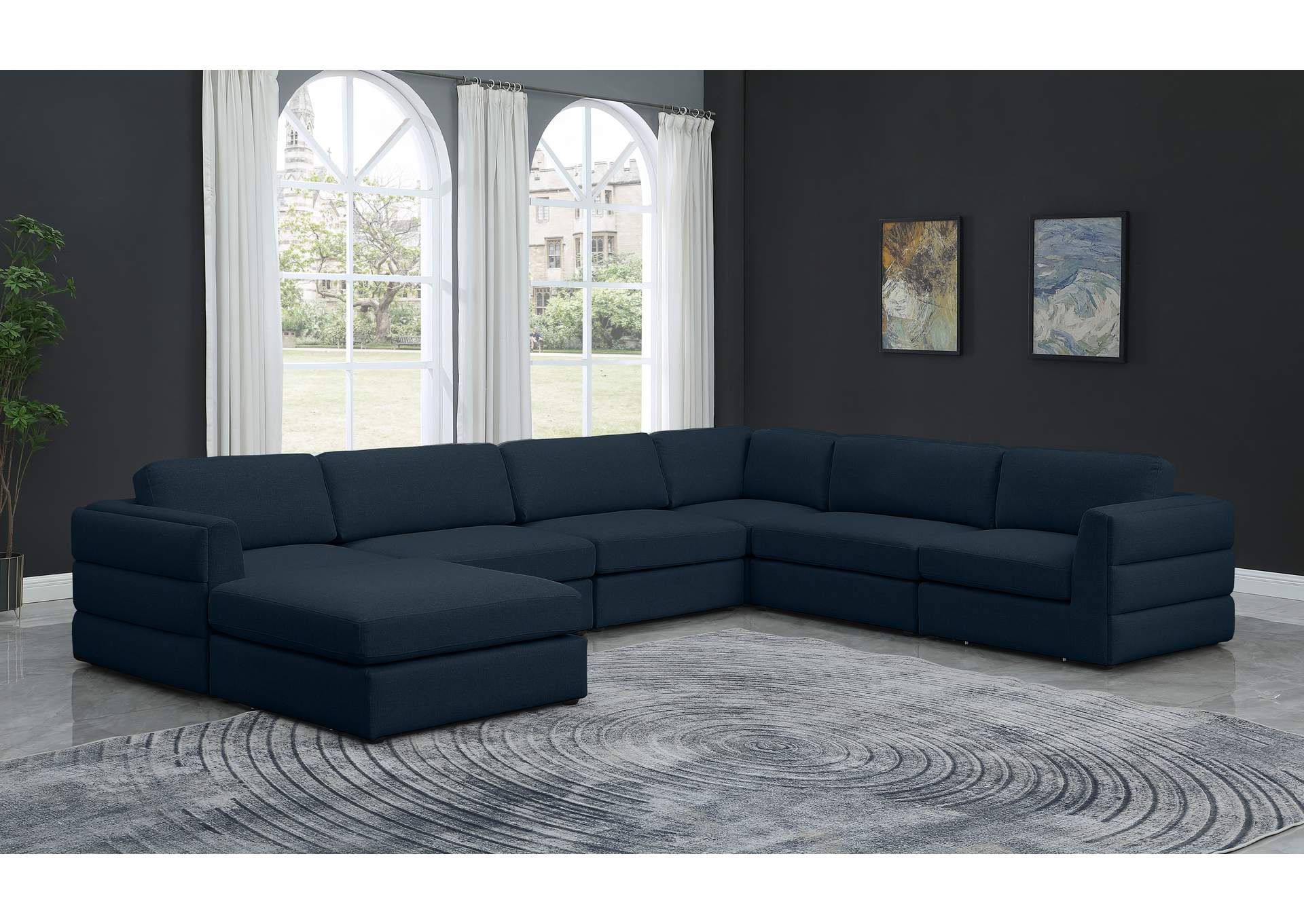 Beckham Navy Durable Linen Textured Fabric Modular Sectional,Meridian Furniture