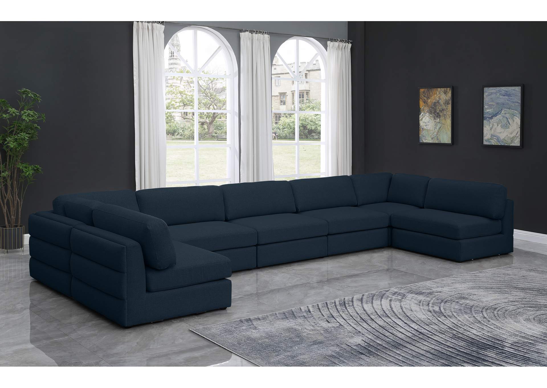 Beckham Navy Durable Linen Textured Fabric Modular Sectional,Meridian Furniture