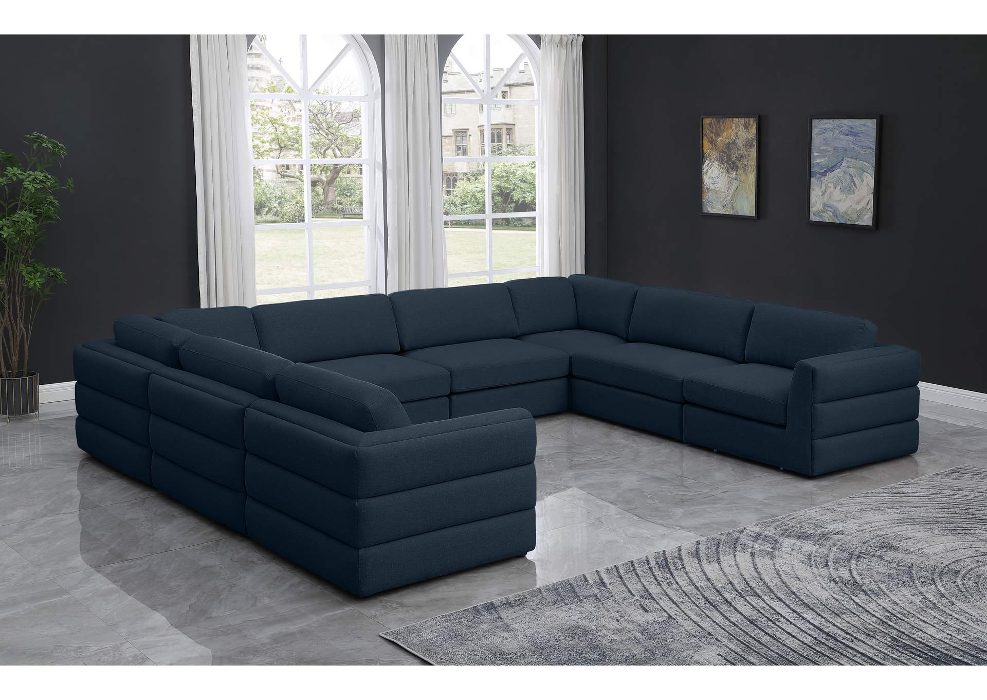 Beckham Navy Durable Linen Textured Fabric Modular Sectional,Meridian Furniture