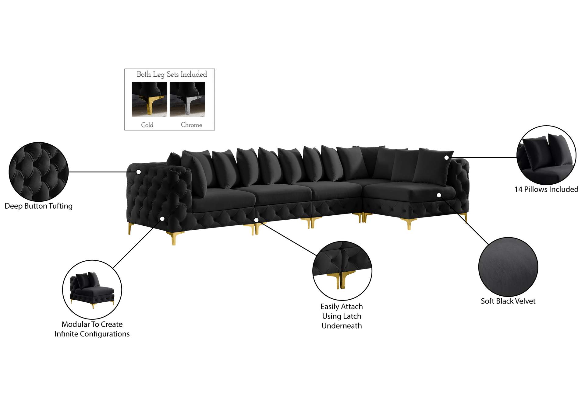 Tremblay Black Velvet Modular Sectional,Meridian Furniture