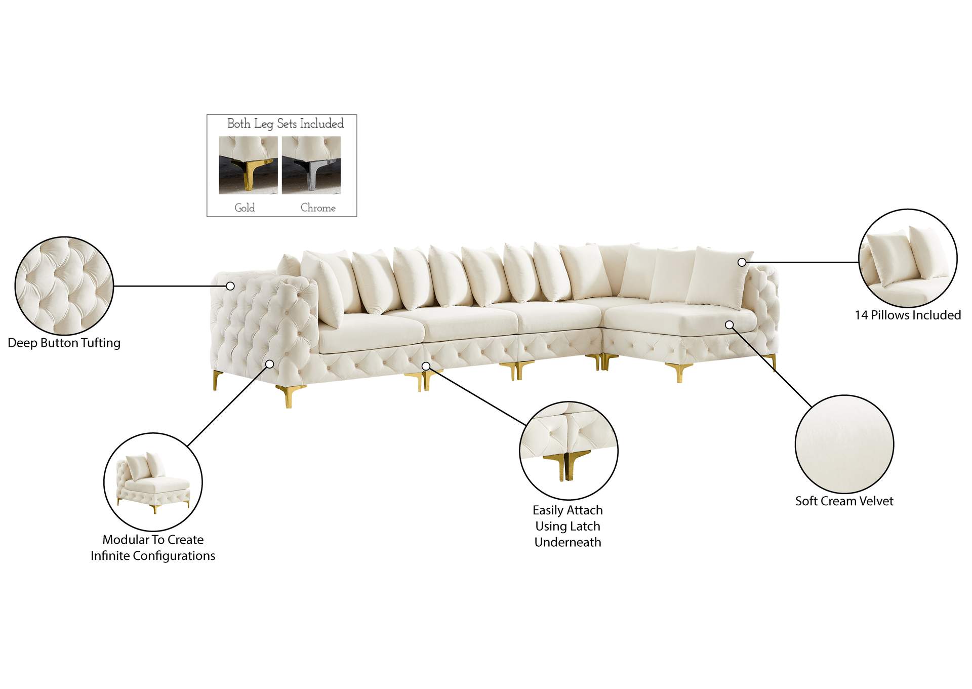 Tremblay Cream Velvet Modular Sectional,Meridian Furniture