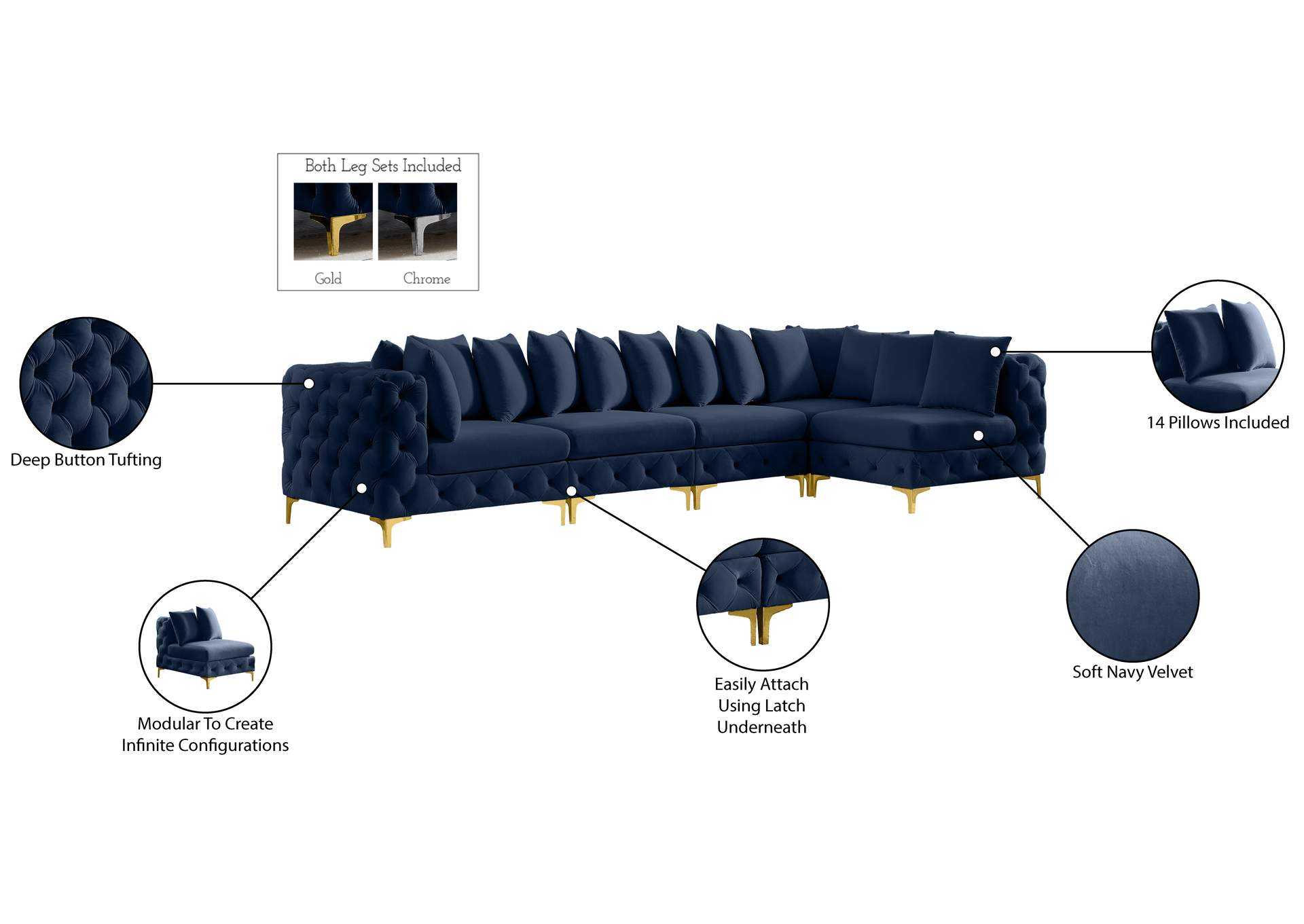 Tremblay Navy Velvet Modular Sectional,Meridian Furniture