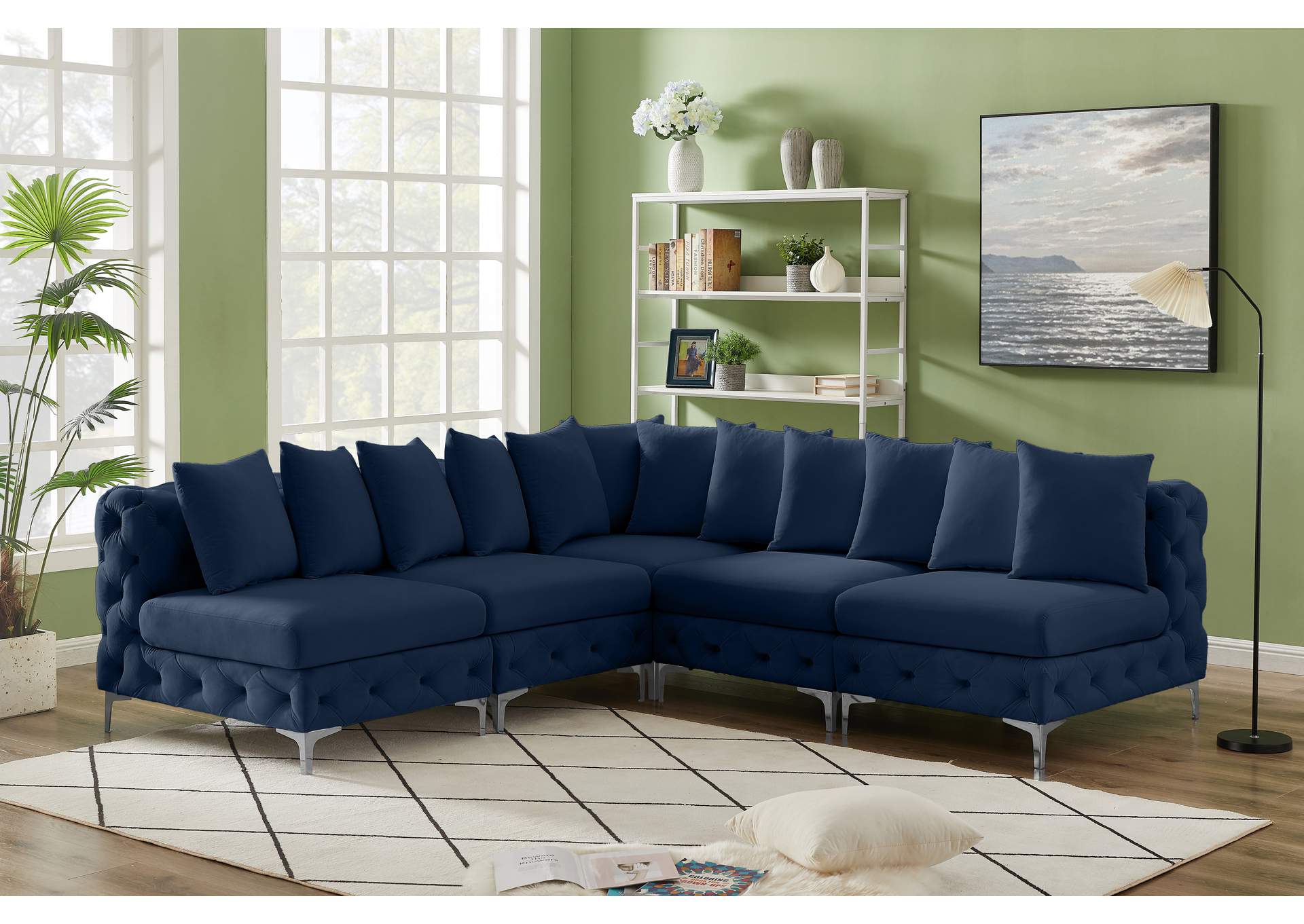 Tremblay Navy Velvet Modular Sectional,Meridian Furniture