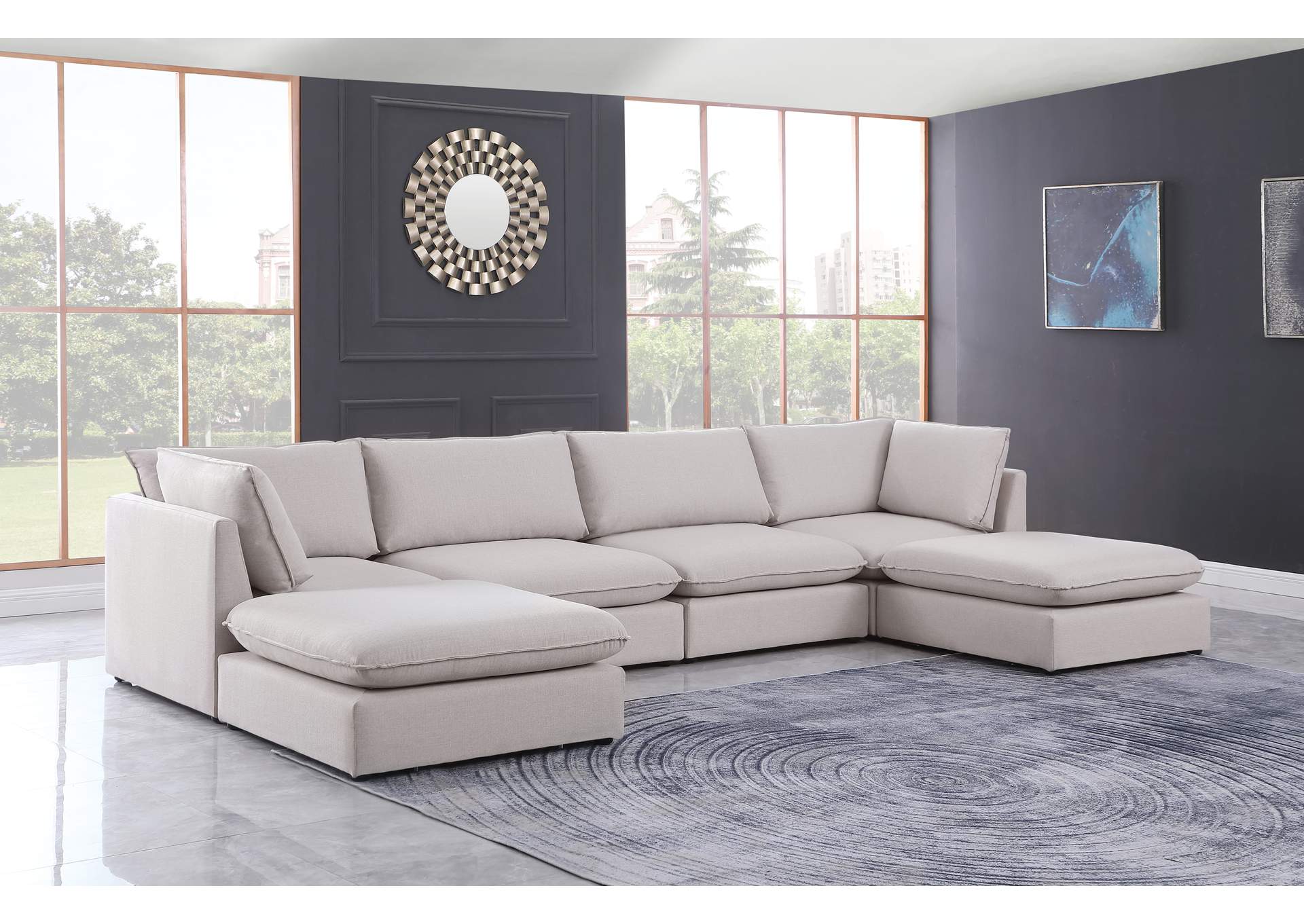 Mackenzie Beige Durable Linen Textured Modular Sectional,Meridian Furniture