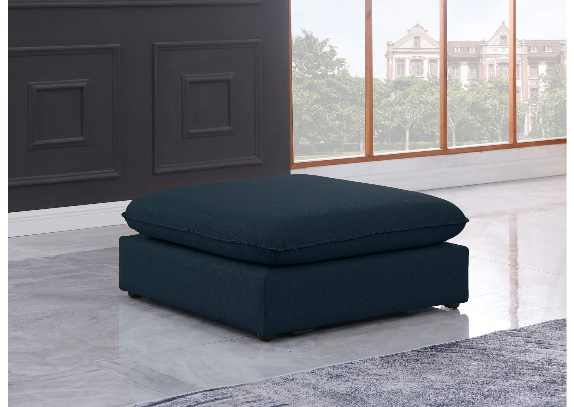 Mackenzie Navy Durable Linen Textured Ottoman,Meridian Furniture