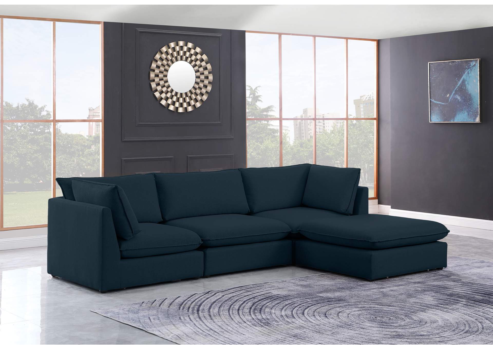 Mackenzie Navy Durable Linen Textured Modular Sectional,Meridian Furniture