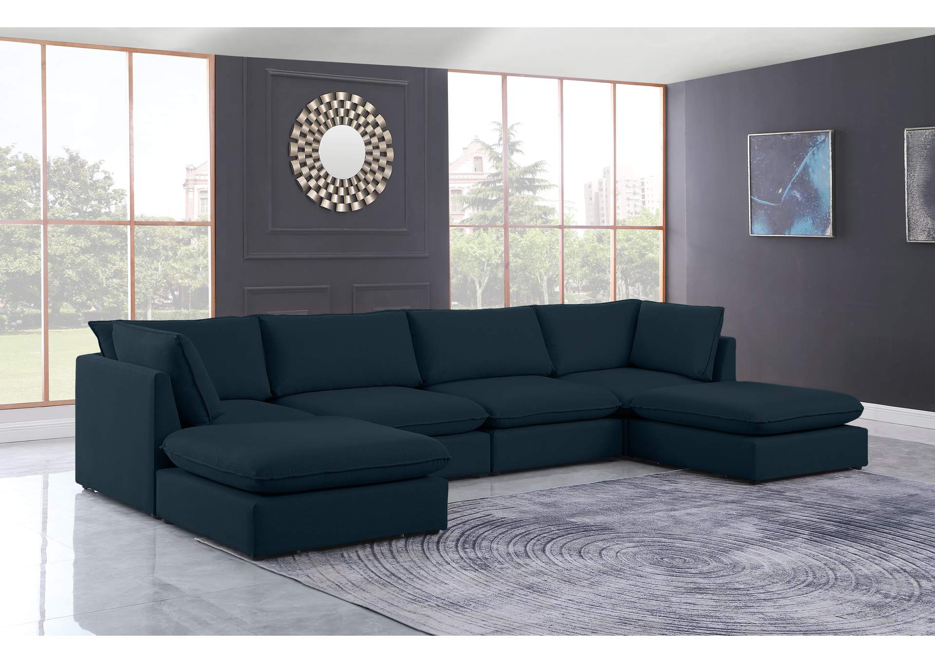 Mackenzie Navy Durable Linen Textured Modular Sectional,Meridian Furniture