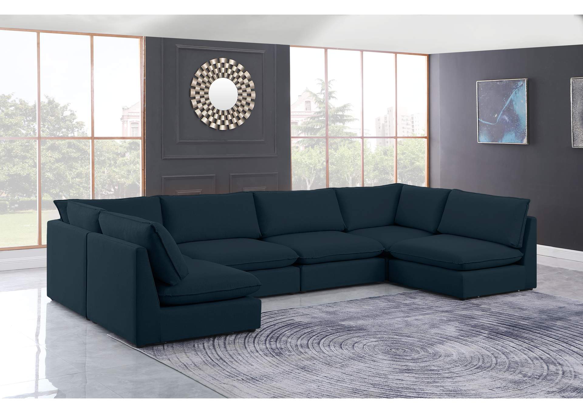 Mackenzie Navy Durable Linen Textured Modular Sectional,Meridian Furniture