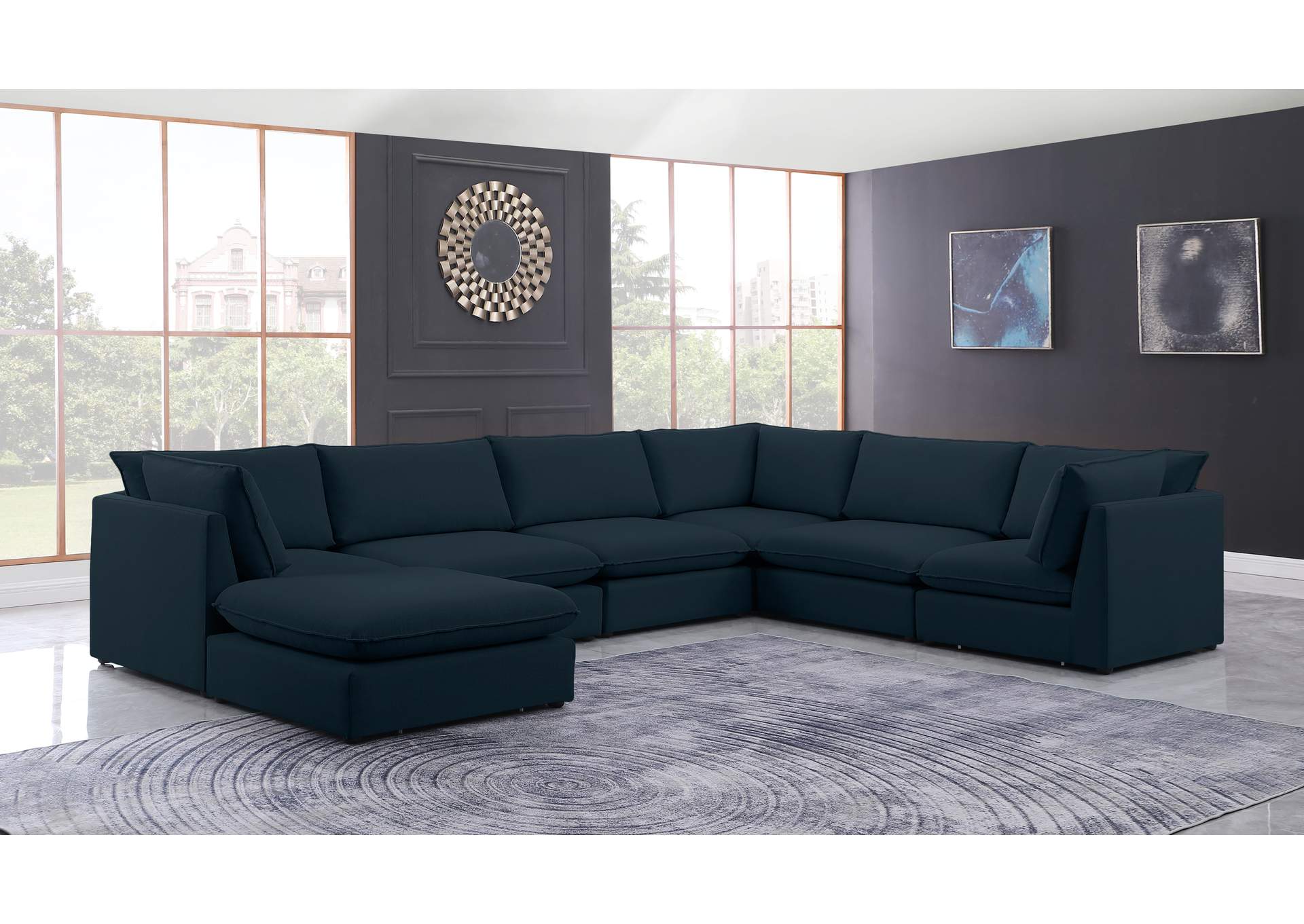 Mackenzie Navy Durable Linen Textured Modular Sectional,Meridian Furniture