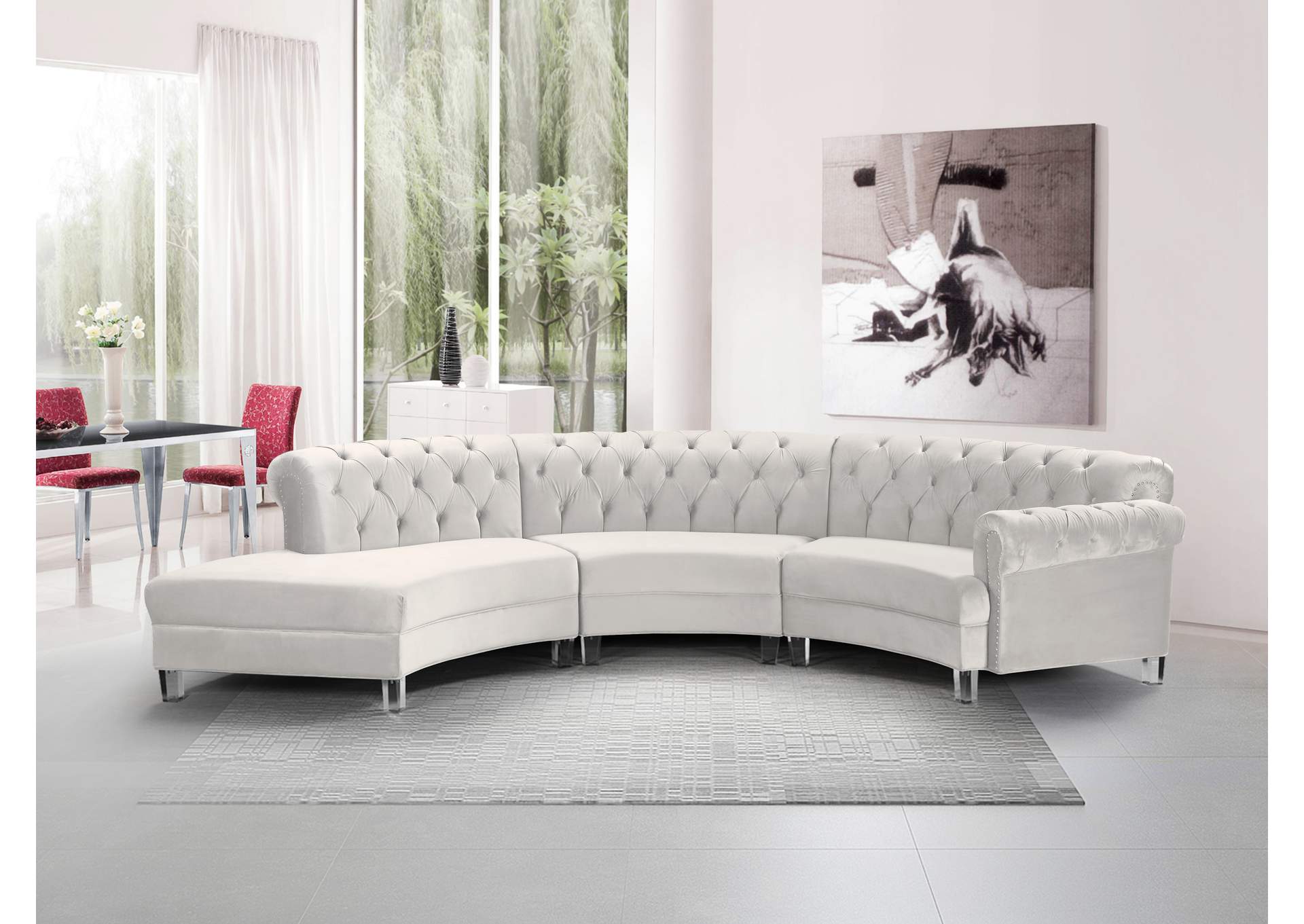 Anabella Cream Velvet 3 Piece Sectional,Meridian Furniture