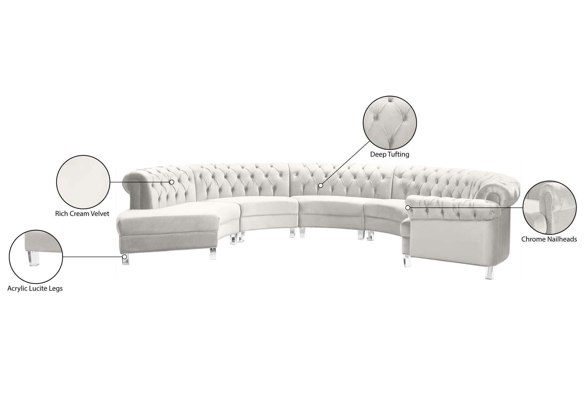 Anabella Cream Velvet 5 Piece Sectional,Meridian Furniture