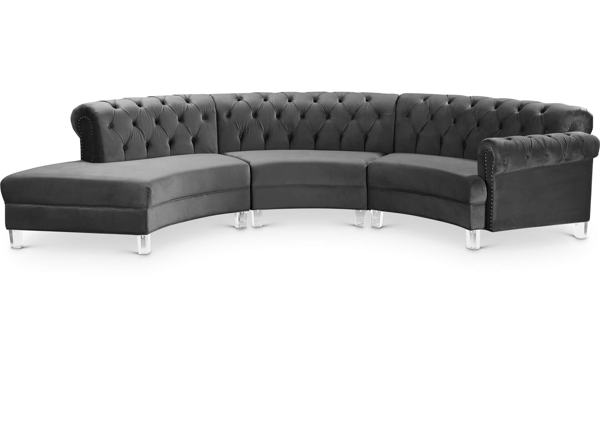 Anabella Grey Velvet 3 Piece Sectional,Meridian Furniture