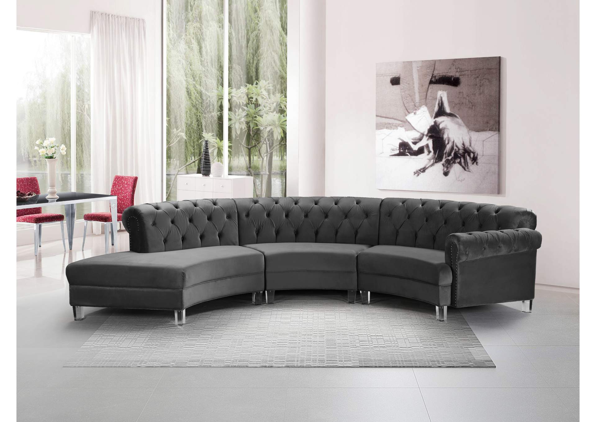 Anabella Grey Velvet 3 Piece Sectional,Meridian Furniture