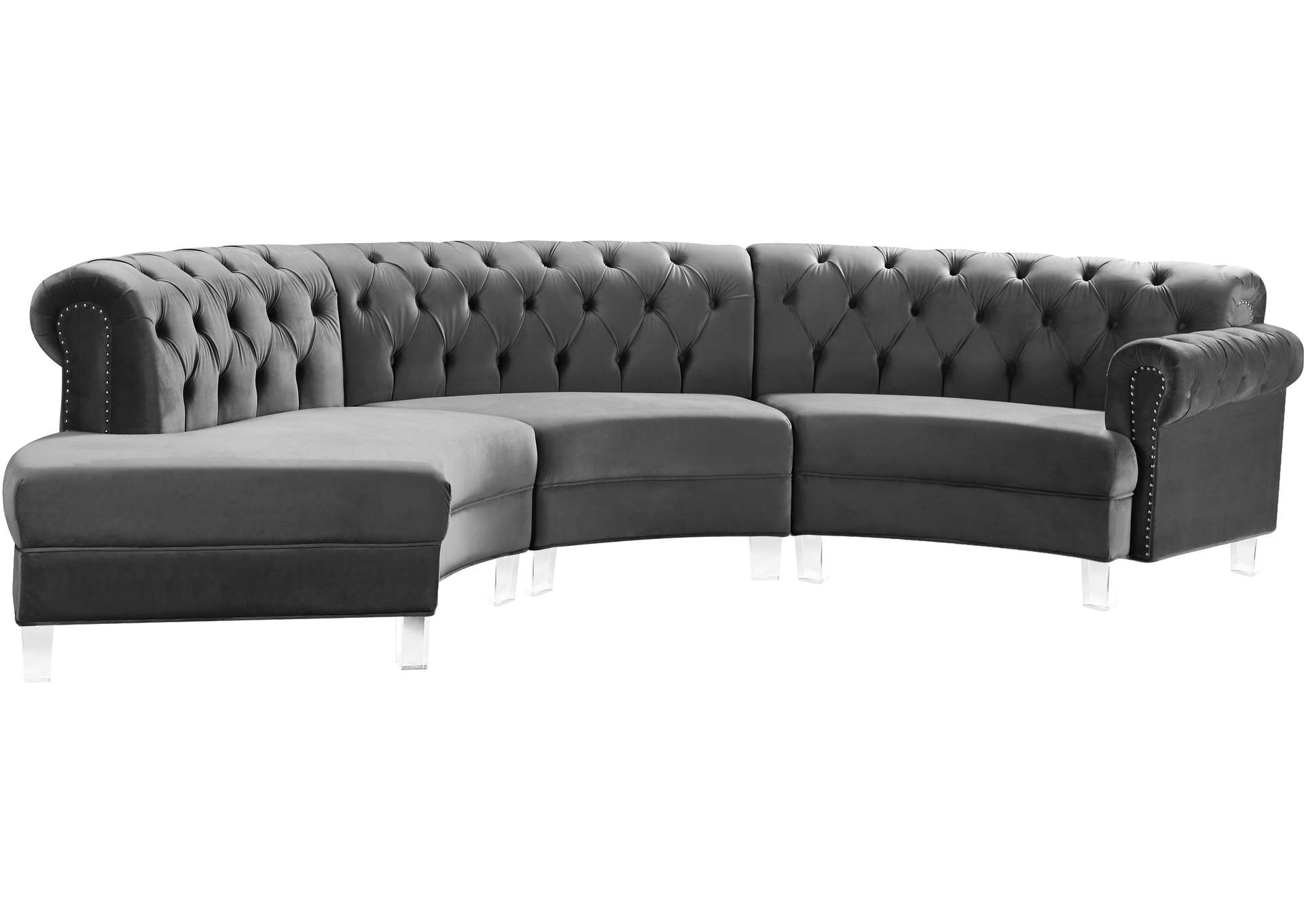 Anabella Grey Velvet 3 Piece Sectional,Meridian Furniture