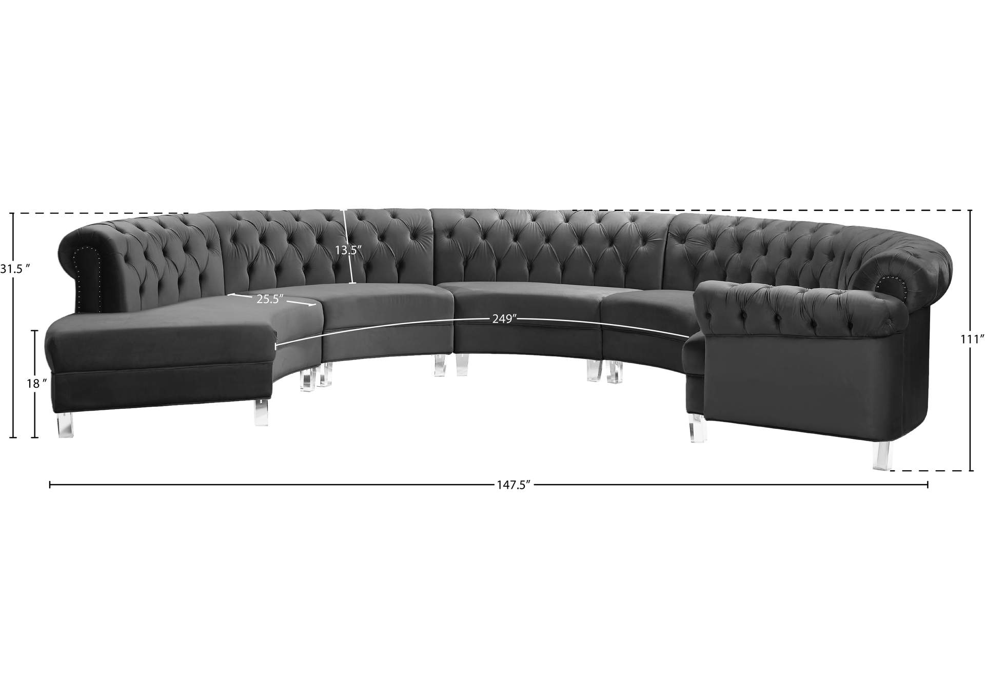 Anabella Grey Velvet 5 Piece Sectional,Meridian Furniture