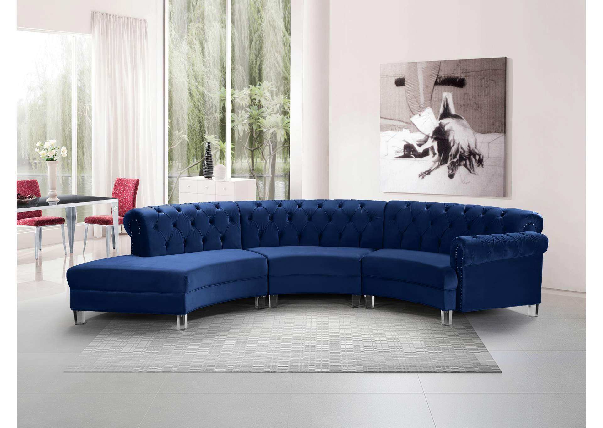 Anabella Navy Velvet 3 Piece Sectional,Meridian Furniture