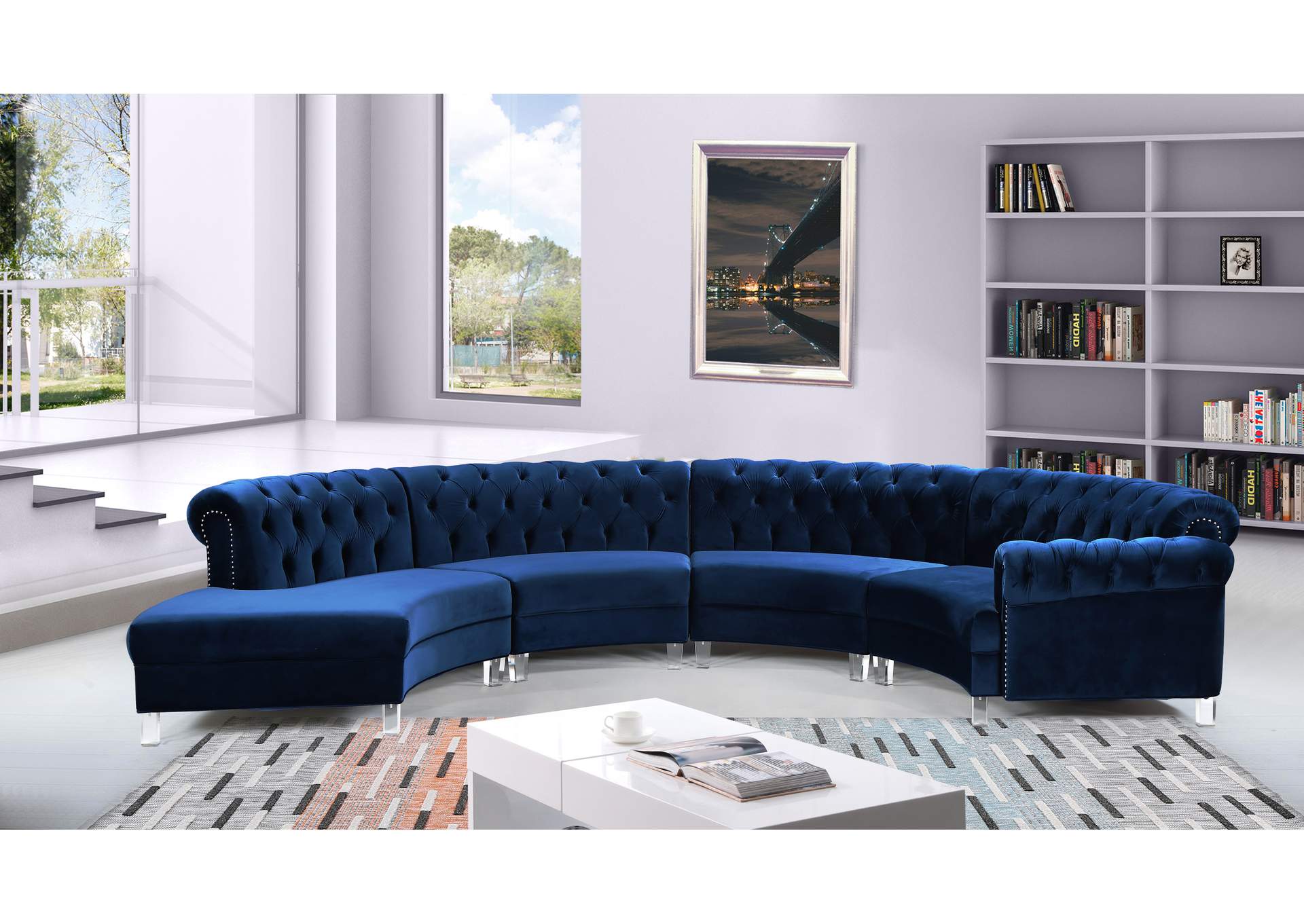 Anabella Navy Velvet 4 Piece Sectional,Meridian Furniture