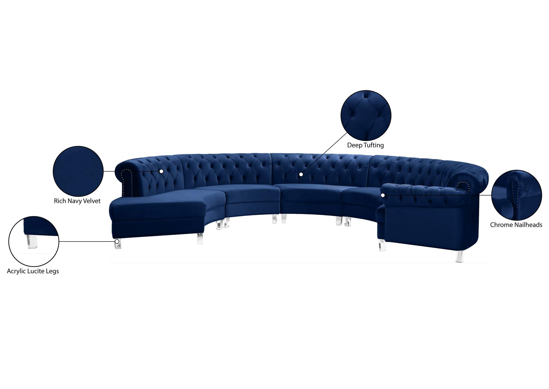 Anabella Navy Velvet 5 Piece Sectional,Meridian Furniture