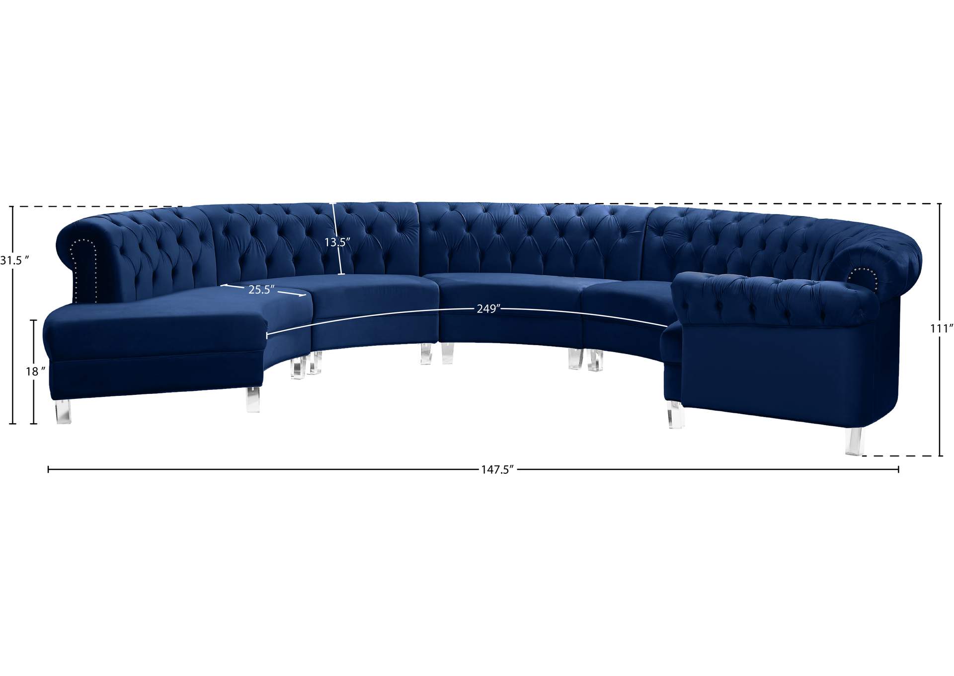 Anabella Navy Velvet 5 Piece Sectional,Meridian Furniture