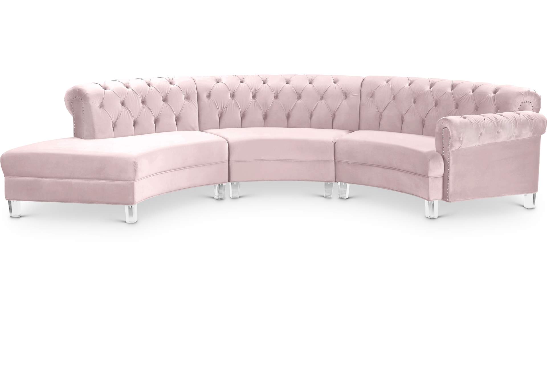 Anabella Pink Velvet 3 Piece Sectional,Meridian Furniture