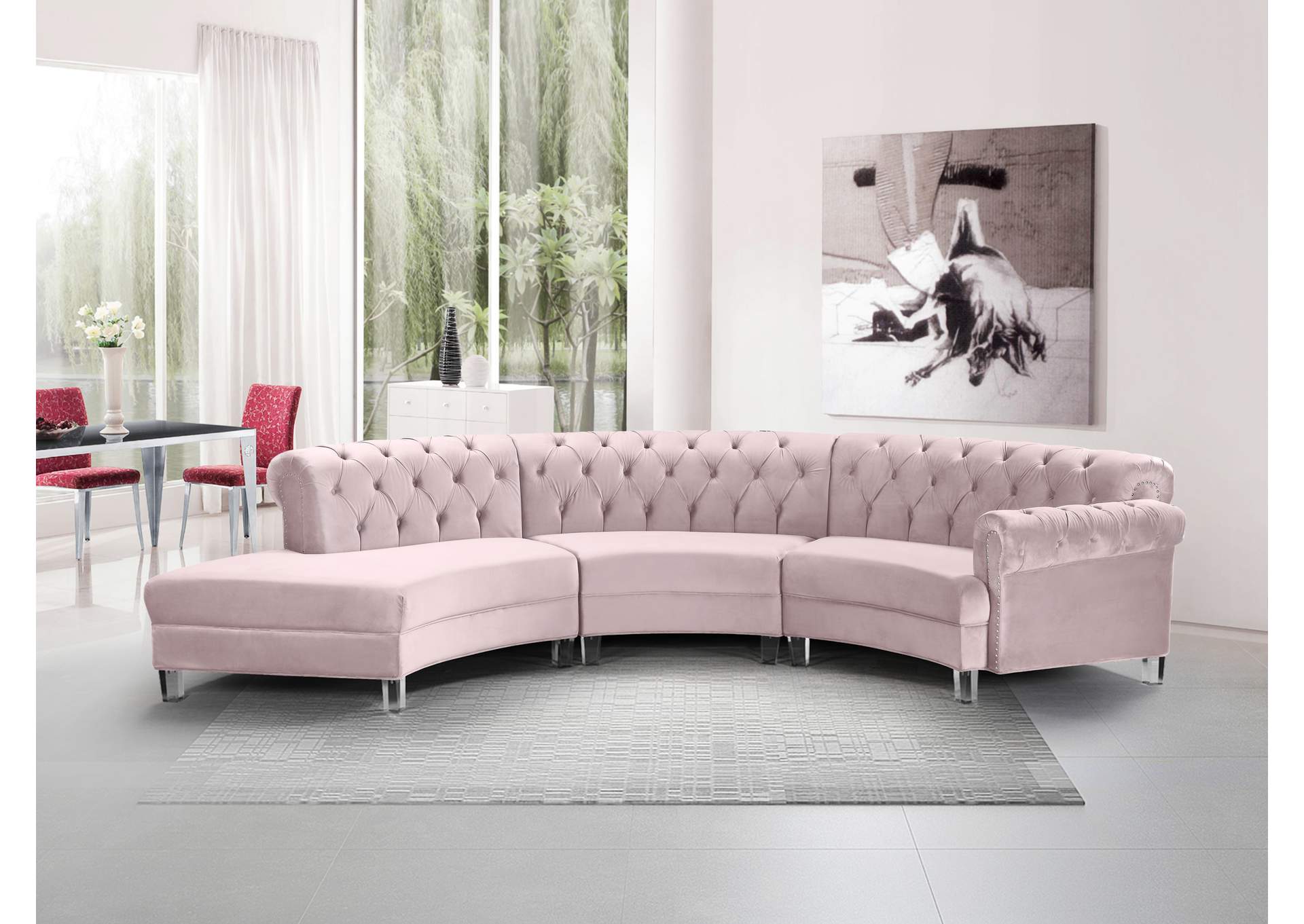 Anabella Pink Velvet 3 Piece Sectional,Meridian Furniture