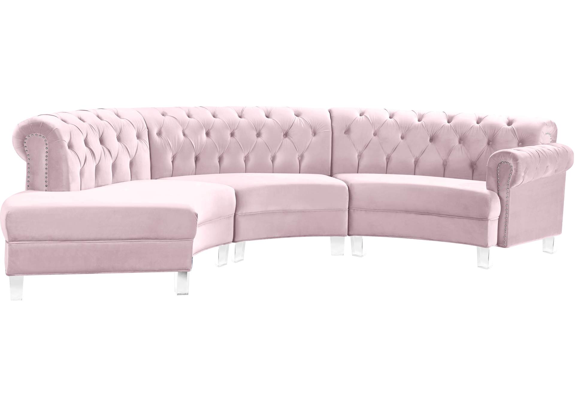 Anabella Pink Velvet 3 Piece Sectional,Meridian Furniture