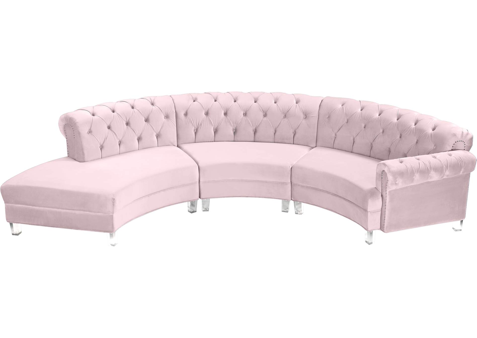 Anabella Pink Velvet 3 Piece Sectional,Meridian Furniture