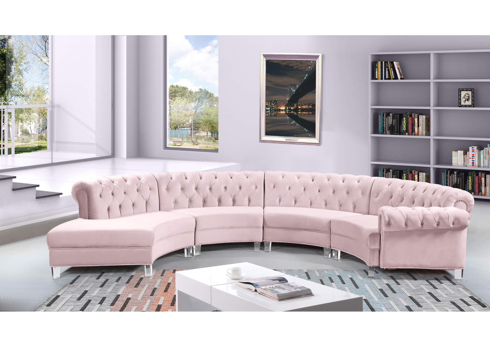 Anabella Pink Velvet 4 Piece Sectional,Meridian Furniture