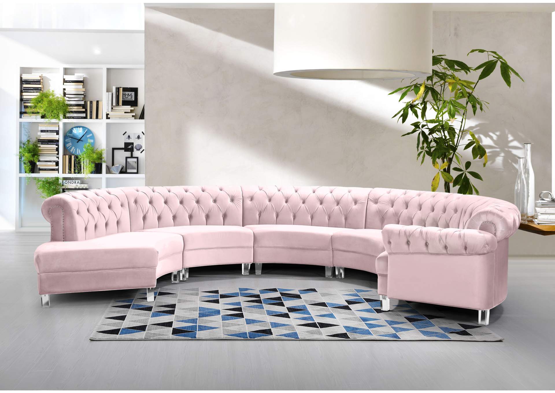 Anabella Pink Velvet 5 Piece Sectional,Meridian Furniture