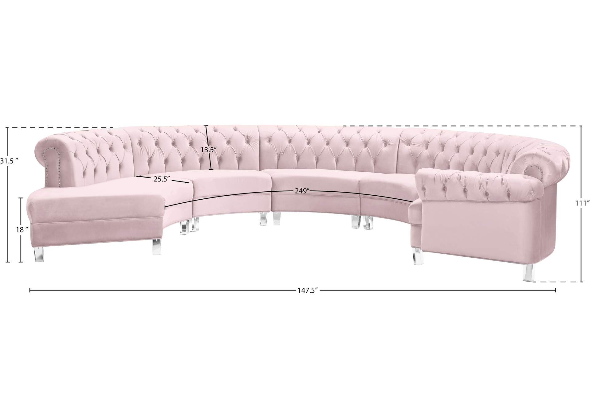 Anabella Pink Velvet 5 Piece Sectional,Meridian Furniture