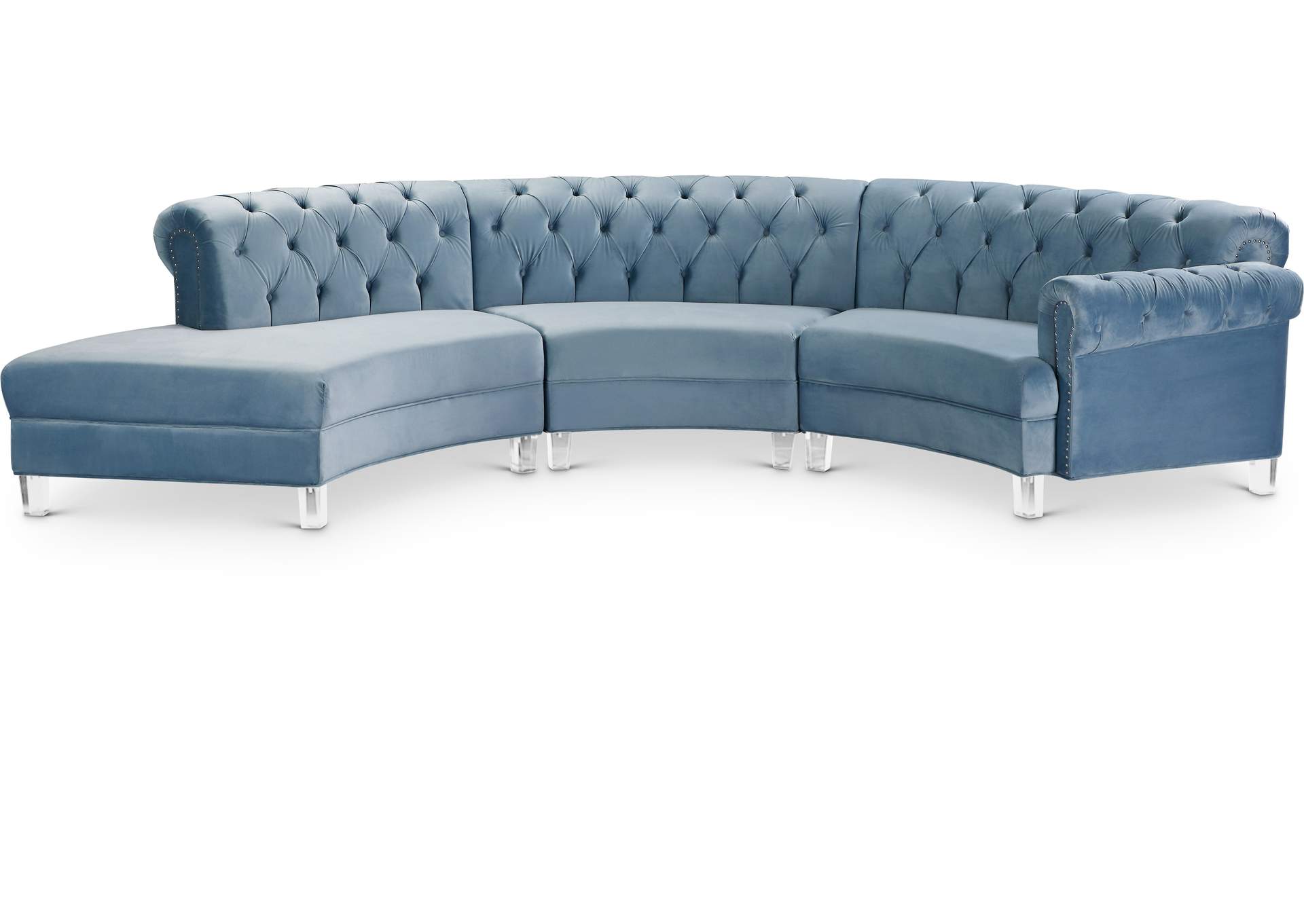 Anabella Sky Blue Velvet 3 Piece Sectional,Meridian Furniture