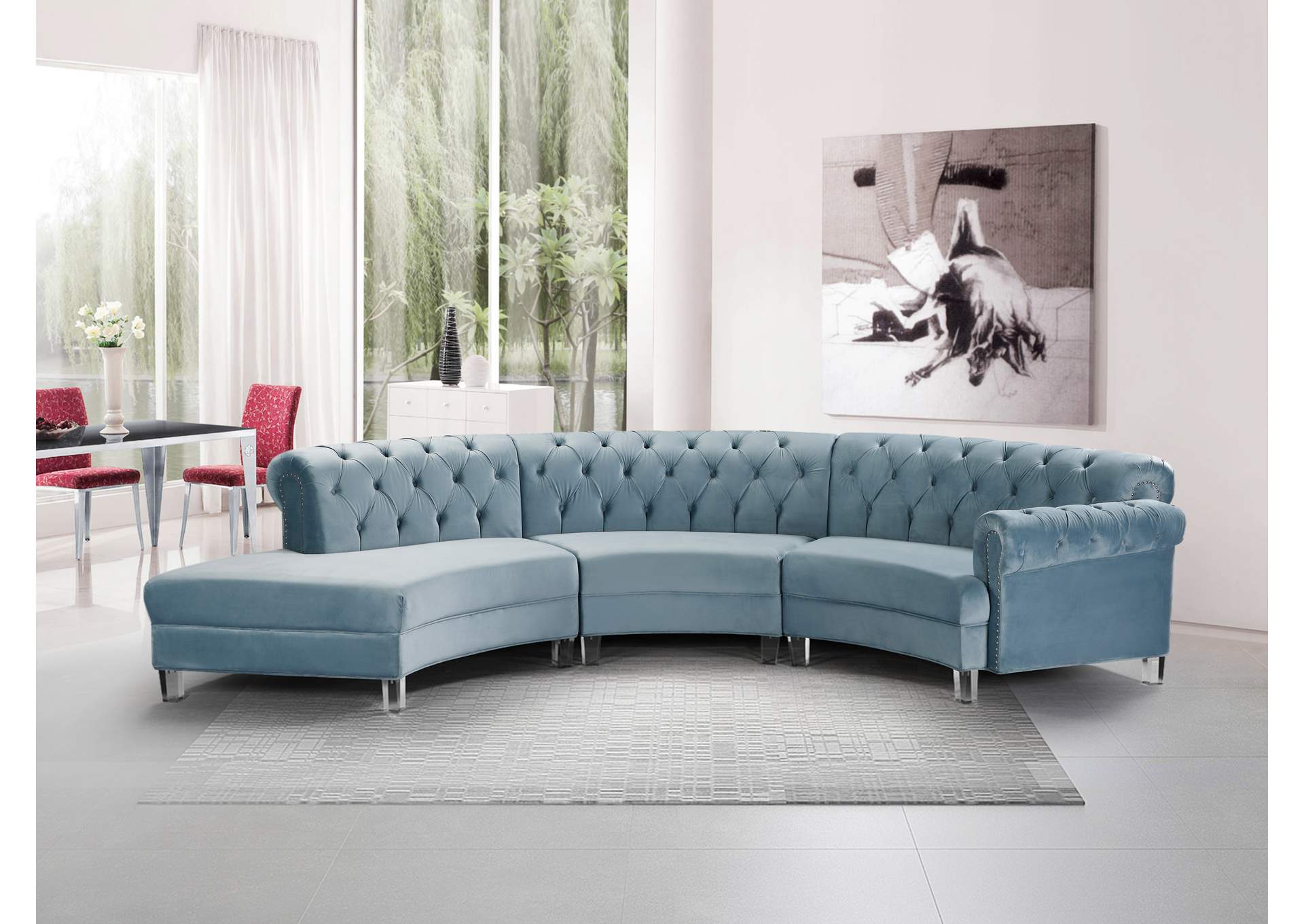 Anabella Sky Blue Velvet 3 Piece Sectional,Meridian Furniture