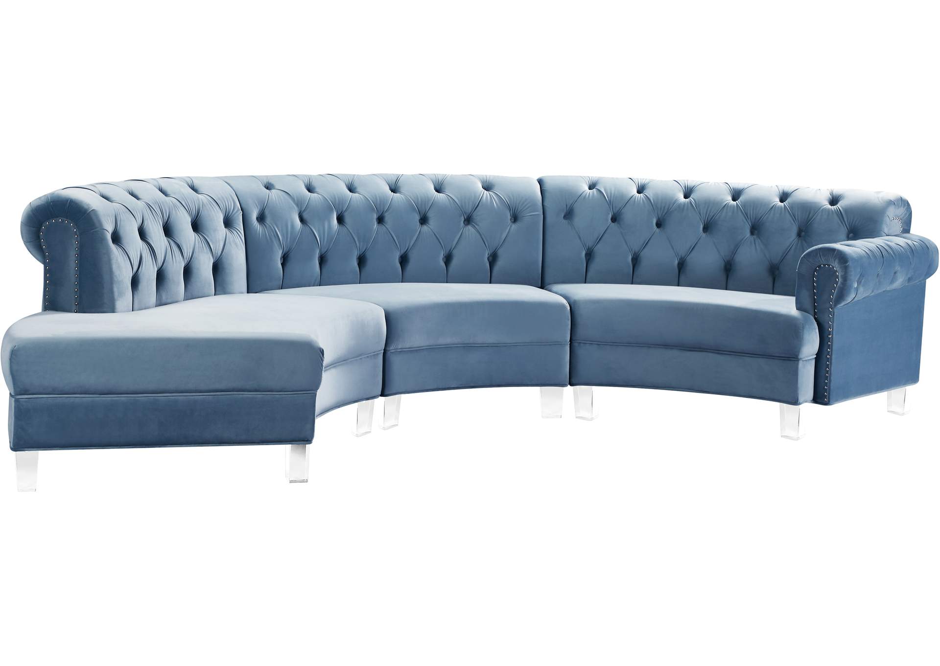 Anabella Sky Blue Velvet 3 Piece Sectional,Meridian Furniture