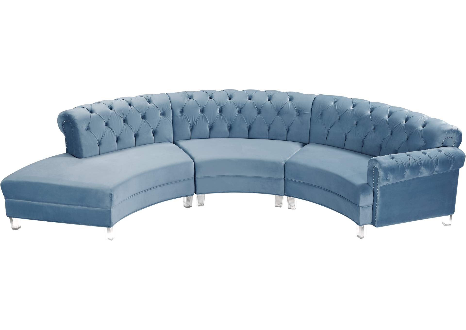 Anabella Sky Blue Velvet 3 Piece Sectional,Meridian Furniture