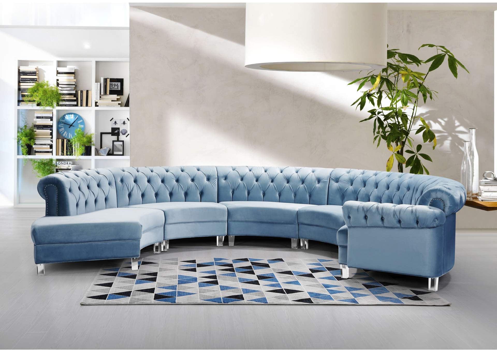 Anabella Sky Blue Velvet 5 Piece Sectional,Meridian Furniture