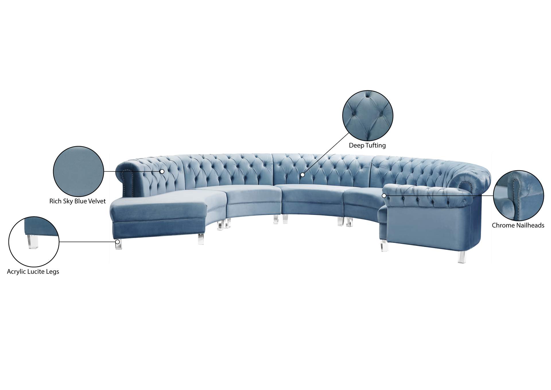 Anabella Sky Blue Velvet 5 Piece Sectional,Meridian Furniture